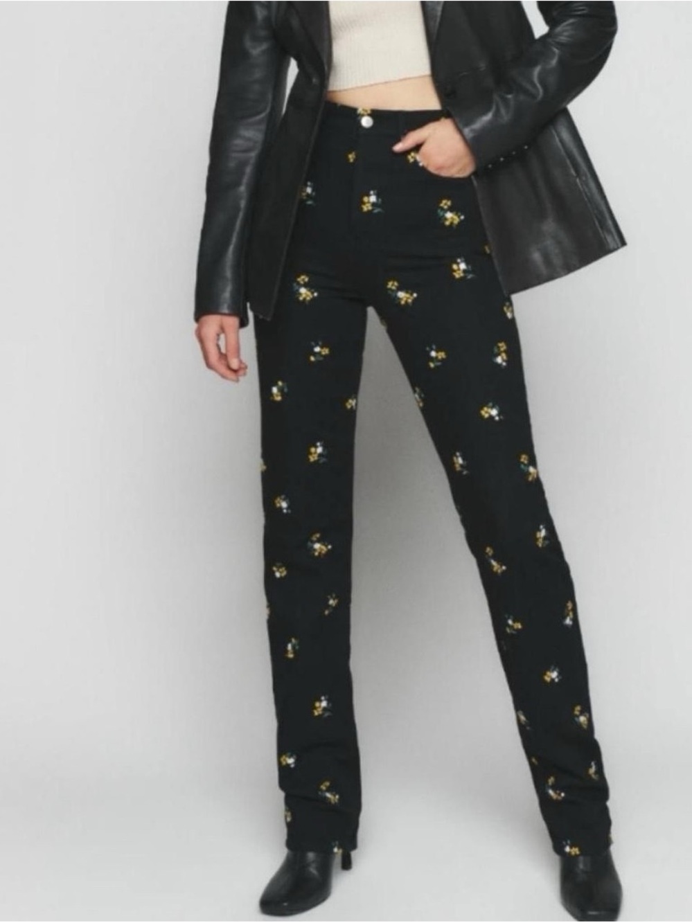 Reformation Black Floral Embroidery High Rise Straight Leg Jeans Sz 27